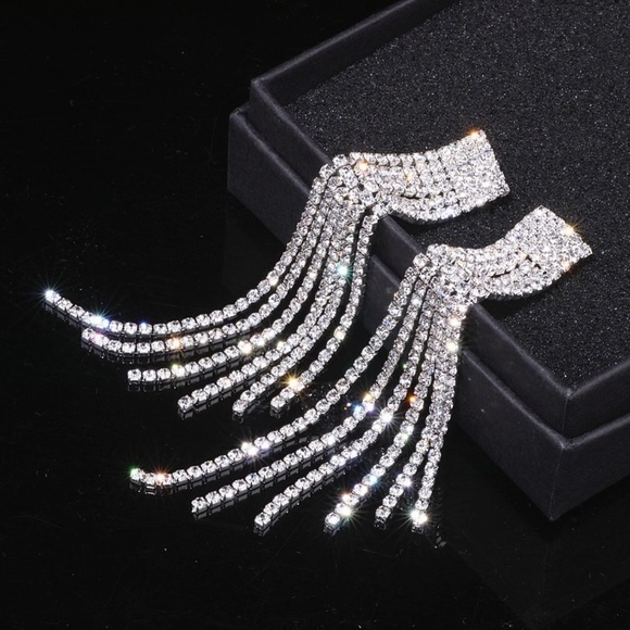 New! Long Rhinestone Tassel Earrings - Picture 4 of 10